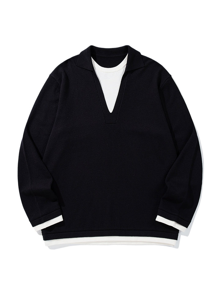 Unisex Casual Oversized Knit Sweater with Deep V Insert and Shirt Layer Look Mune Fashion