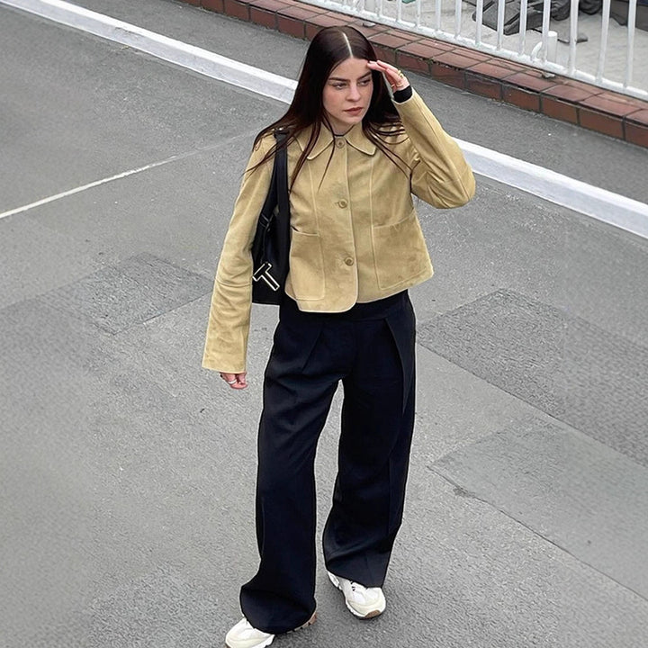 Women's Short Suede Jacket with Rounded Collar and Boxy Cropped Cut Mune Fashion