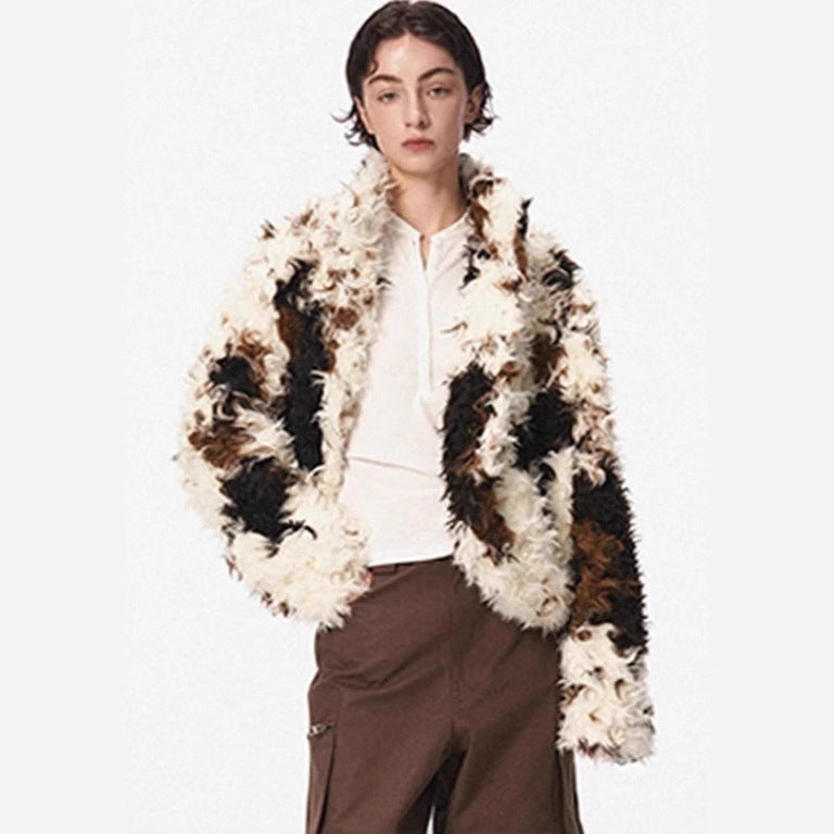 Women's Short Shaggy Faux Fur Bomber Jacket with Textured Patchwork Look Mune Fashion