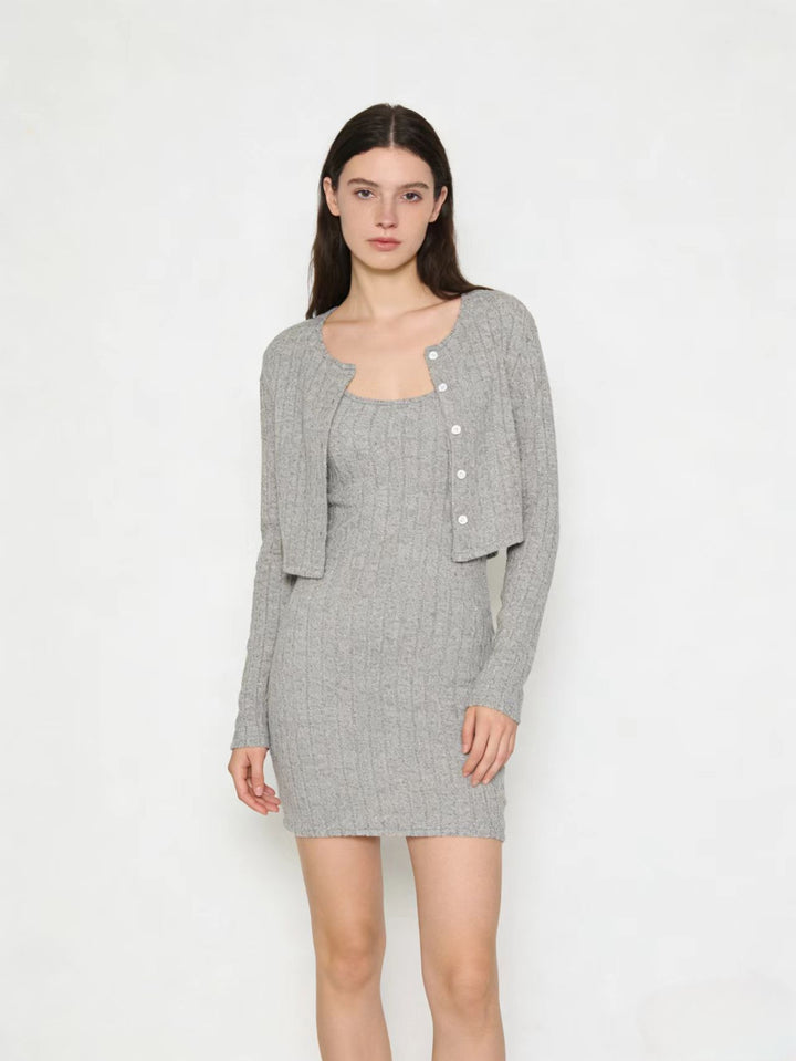 Women's Ribbed Knit Dress with Matching Short Cardigan Drune