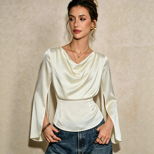 Women's elegant satin blouse with waterfall neckline, tailored silhouette and long sleeve slits.