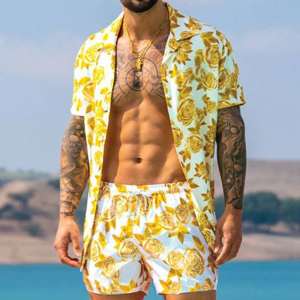 Men's airy viscose blend short-sleeve shirt with open button placket and matching casual shorts with drawstring Mune Fashion