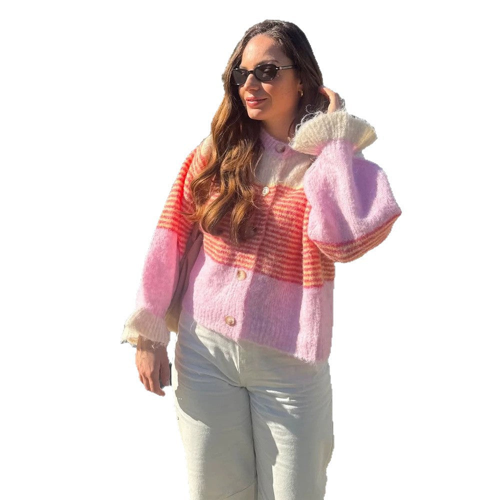 Women's Short Knit Cardigan made of Mohair Blend with Stripes, Button Placket and Balloon Sleeves Mune Fashion