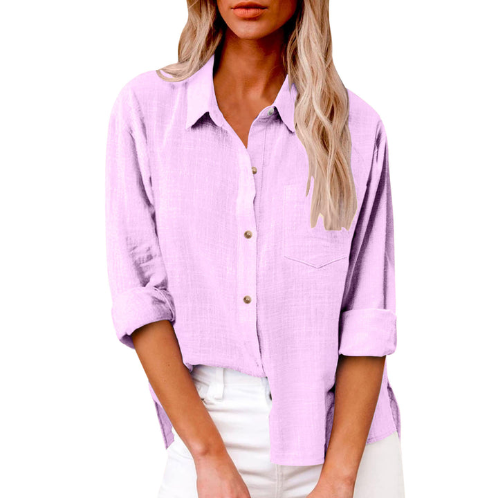 Women's oversized linen-cotton blend shirt blouse with breast pocket and roll-up sleeves Mune Fashion