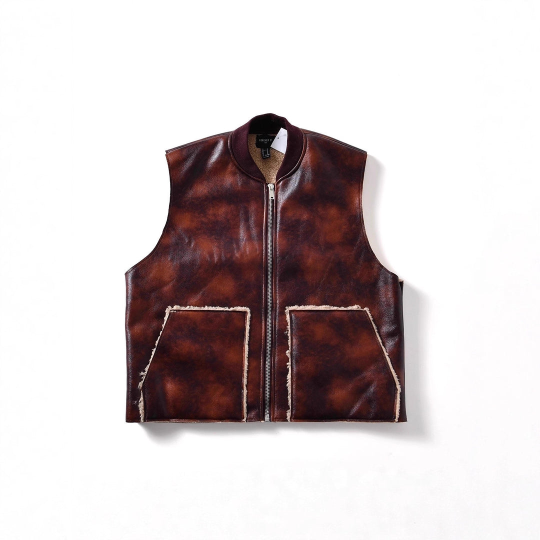 Men's Sleeveless Lambskin Look Vest with Zipper and Patch Pockets Mune Fashion