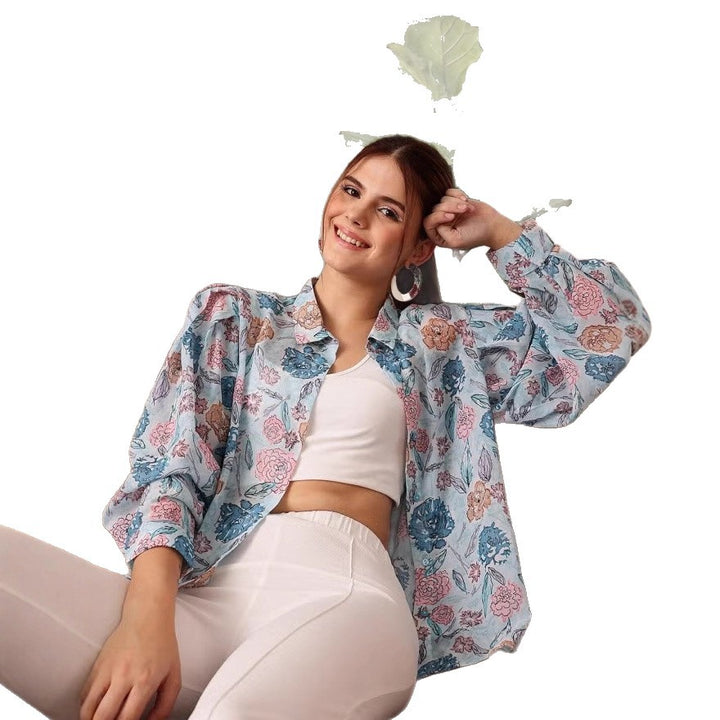 Women Light Chiffon Blouse with Floral Allover Print and Balloon Sleeves Drune