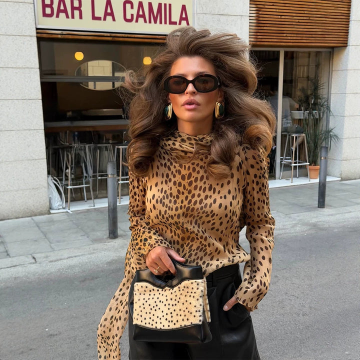 Women's Transparent Chiffon Blouse with Long Shawl Collar and Animal Print Mune Fashion