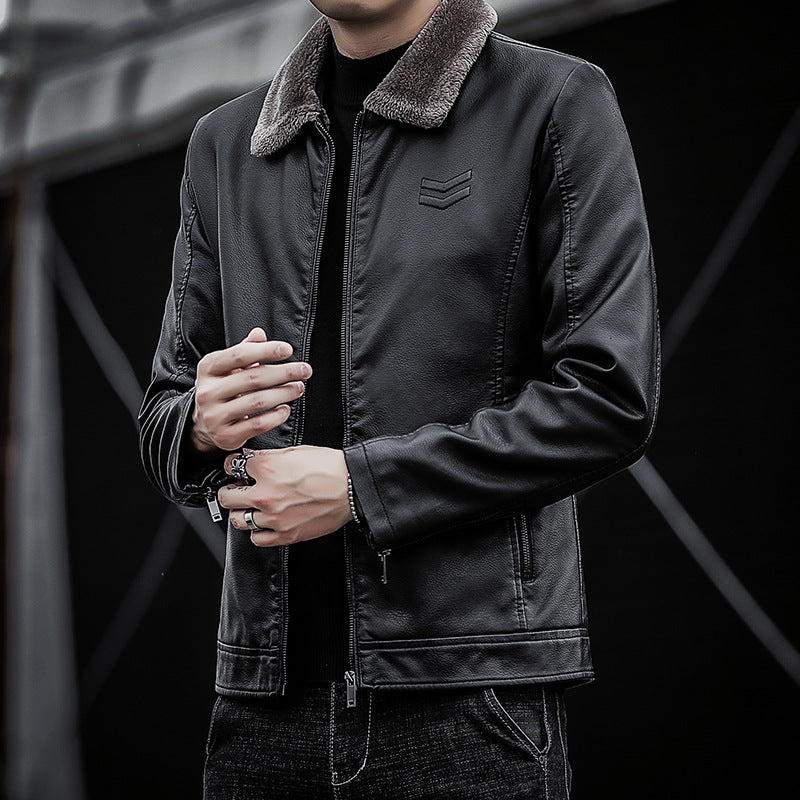 Men's Faux Leather Jacket with Soft Collar Mune Fashion