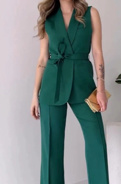 Women's Sleeveless Blazer Set with Tailored Tie Belt and High-Waist Flared Pants Mune Fashion