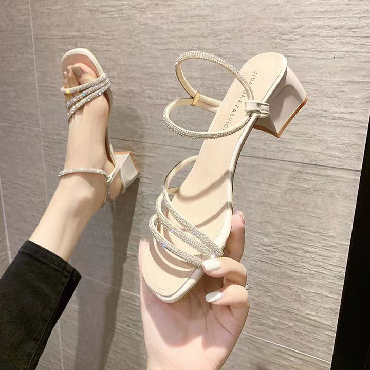 Ladies Elegant Rhinestone-Strap Sandals with Square Toe Box and Stable Block Heel Mune Fashion