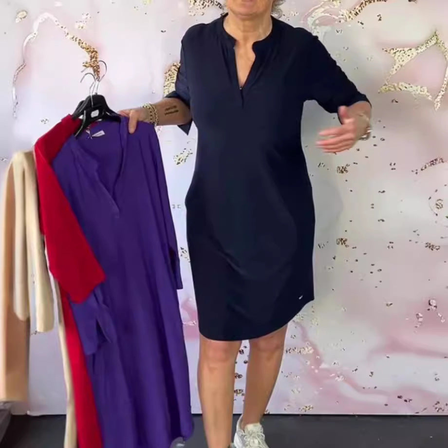 Women's navy knee-length shift dress made of elastic jersey with stand-up collar and V-neck Mune Fashion