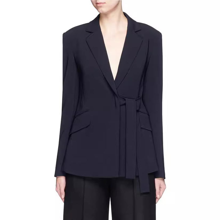 Ladies' shawl collar wrap blazer with side knot tie and patch pockets Mune Fashion