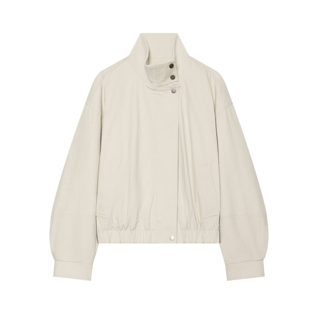Women's Boxy Short Blouson with High Ribbed Stand-up Collar and Drawstring Hem Drune