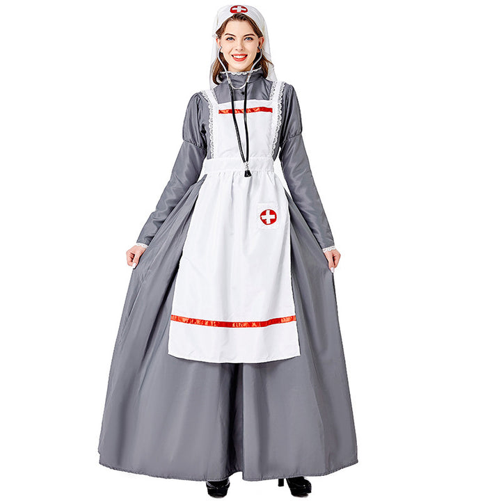 Women's vintage nurse costume with apron and headscarf Mune Fashion