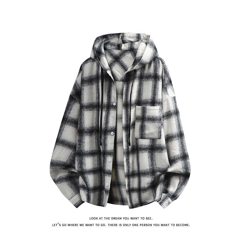 Unisex oversized flannel hooded shirt jacket with check pattern and chest pocket Mune Fashion
