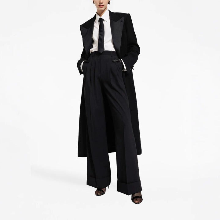 Women Elegant Tuxedo Pantsuit with Long Coat and Wide Pleated Trousers Mune Fashion