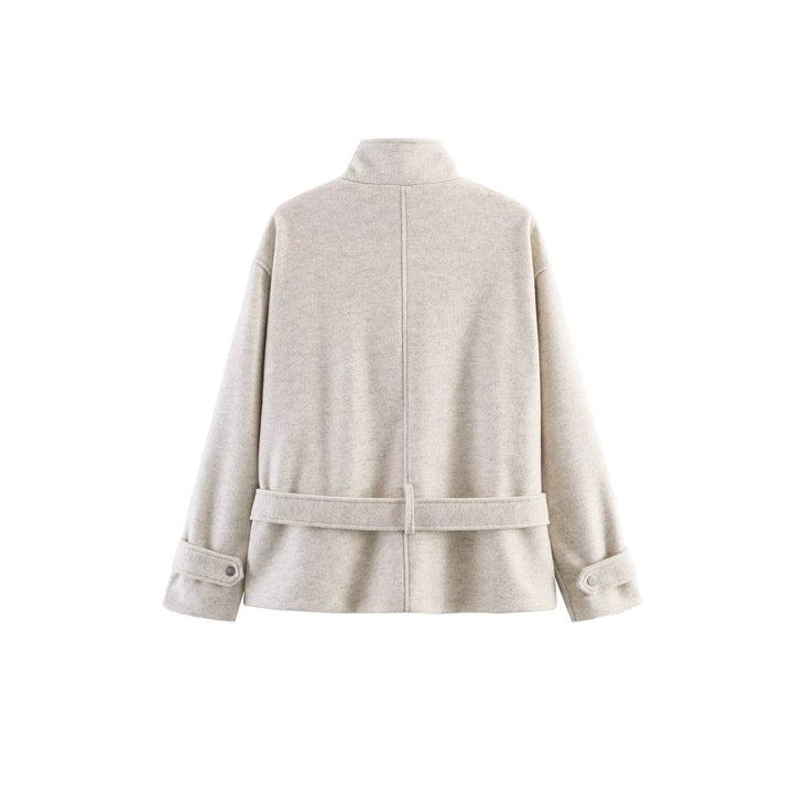 Ladies Short Wool Blend Transitional Jacket with Waist Belt and Stand-Up Collar Mune Fashion