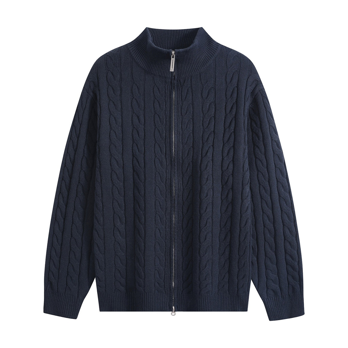 Men's Chunky Knit Zip-Up Cardigan with Cable Pattern, Stand-Up Collar and Oversized Cut Mune Fashion