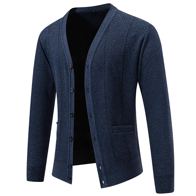 Men's Structured Fine Knit Cardigan with Chevron Pattern, V-Neck and Insert Pockets Mune Fashion