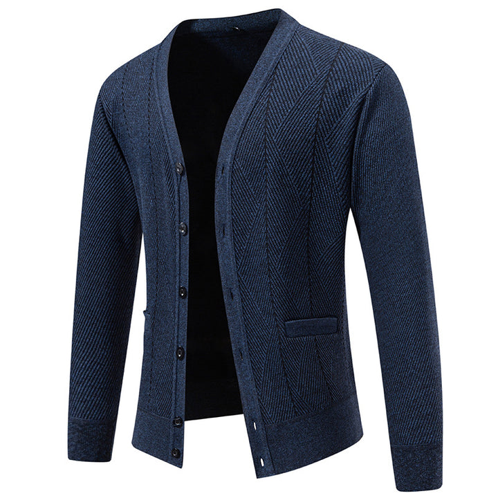 Men's Structured Fine Knit Cardigan with Chevron Pattern, V-Neck and Insert Pockets Mune Fashion