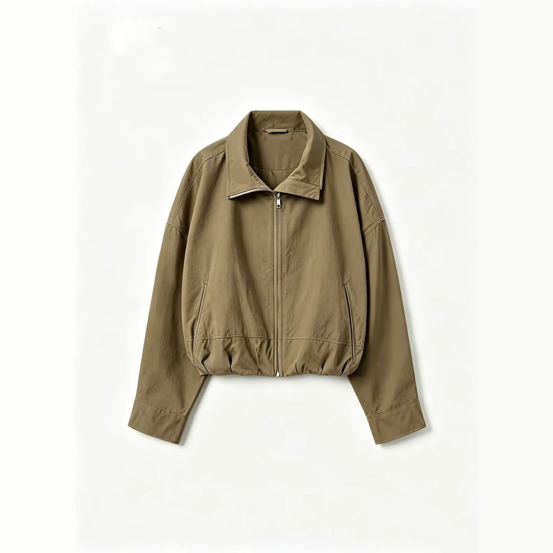 Women's Lightweight Short Bomber Jacket with Stand-up Collar, Drawstring Waist and Concealed Zipper Mune Fashion