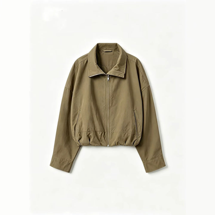 Women's Lightweight Short Bomber Jacket with Stand-up Collar, Drawstring Waist and Concealed Zipper Mune Fashion