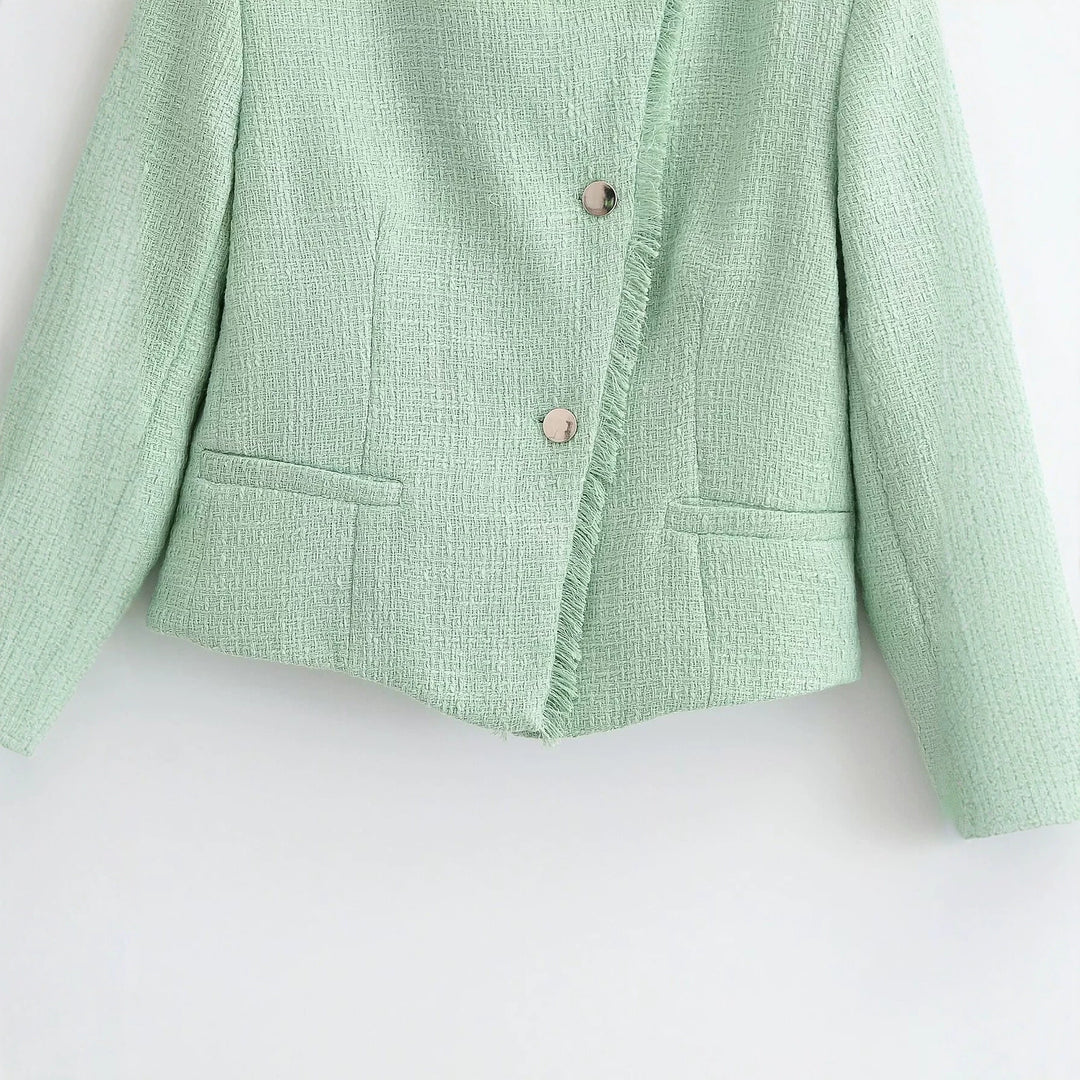 Women short cut bouclé tweed jacket with fringe trim and round neckline Drune