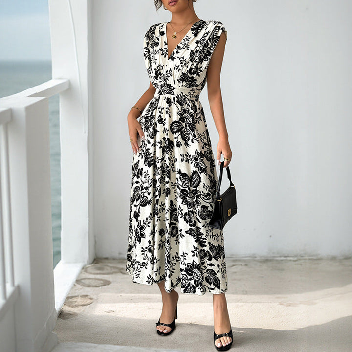 Women's Flowing Midi Dress with V-Neck, Gathered Waist and Jacquard Structure Mune Fashion