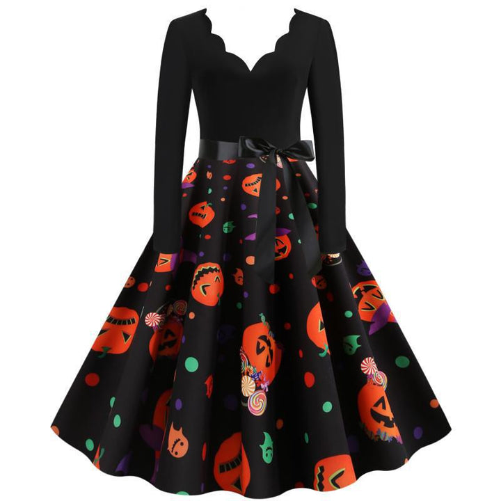 Women Retro Festive Halloween Dress with Wavy Neckline, Tailored Fit, and Soft Flared Skirt Mune Fashion