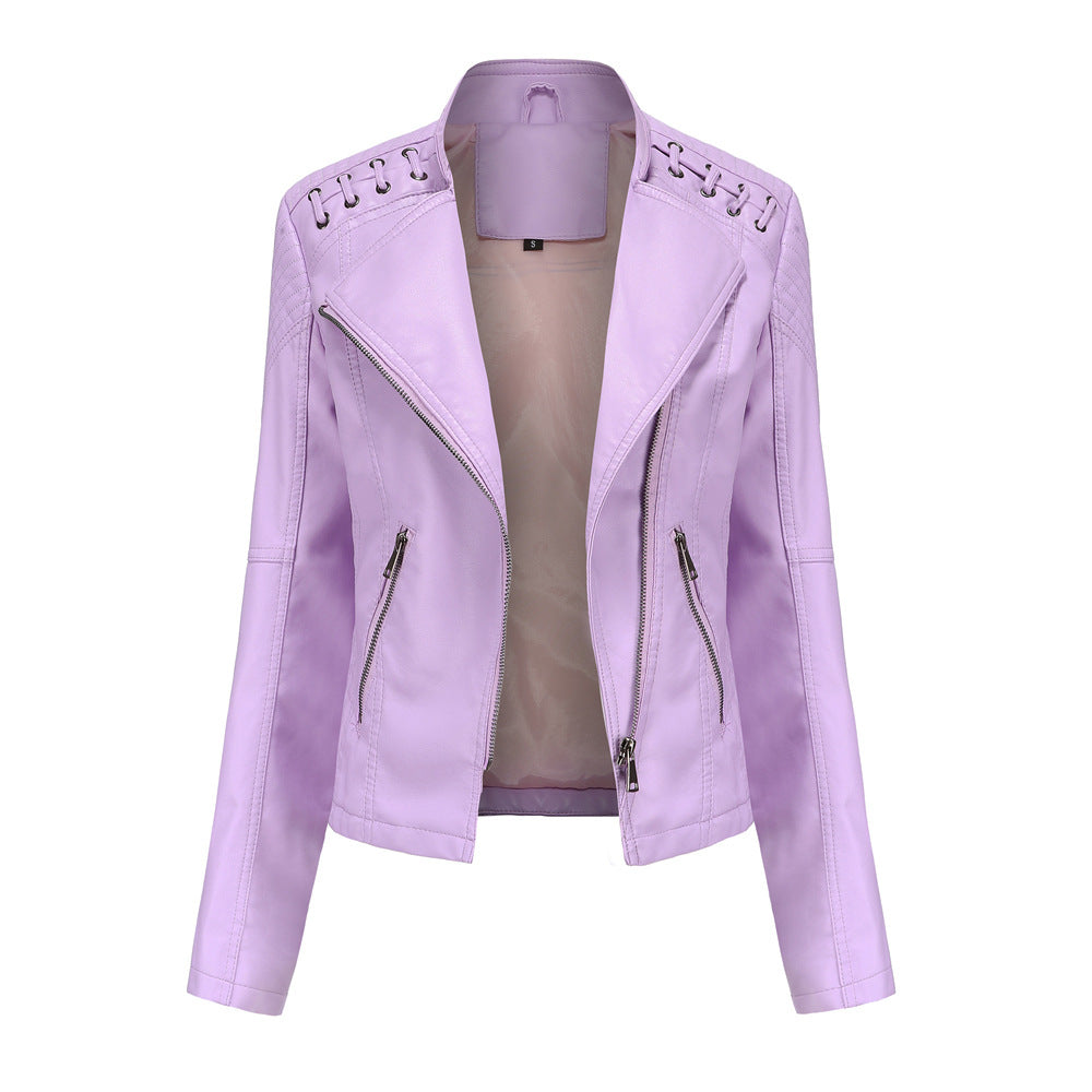 Women's short biker jacket made of faux leather with decorative eyelet lacing on the shoulders Mune Fashion
