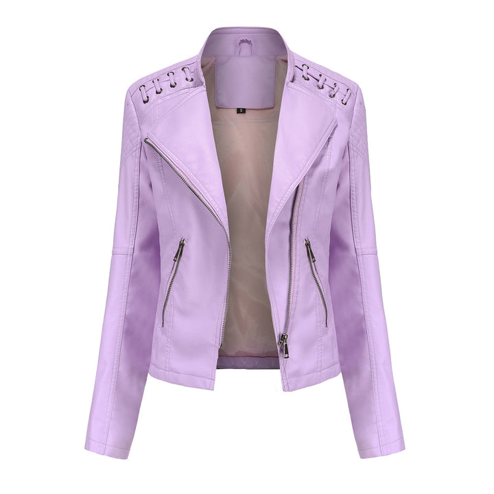 Women's short biker jacket made of faux leather with decorative eyelet lacing on the shoulders Mune Fashion