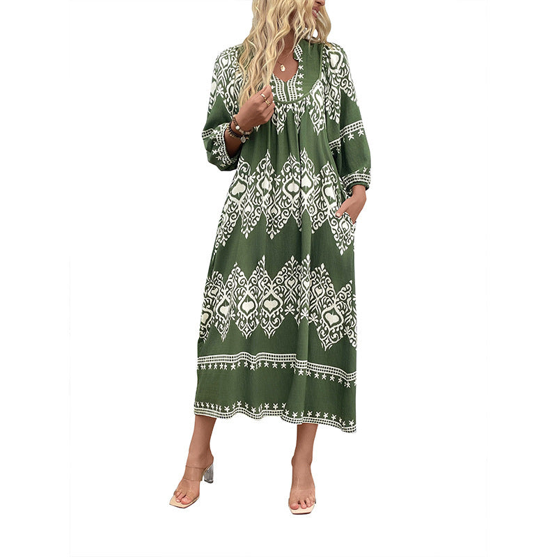 Women's Long Boho Maxi Dress with Loose A-Line, U-Neck and Patch Pockets Mune Fashion