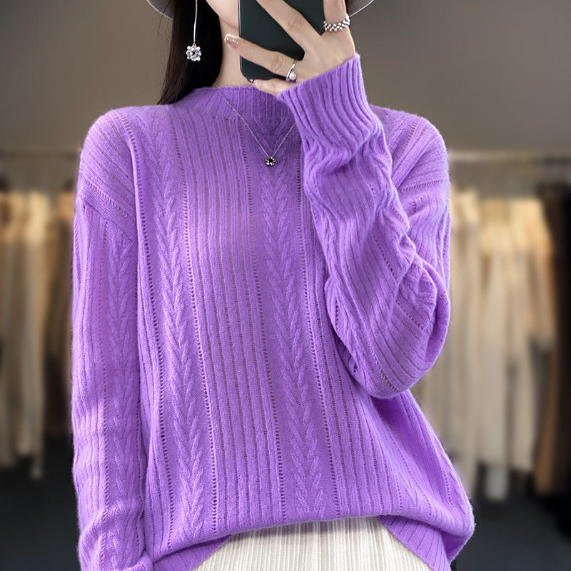 Women Cashmere-like Fine Knit Mock Neck Sweater with Lace Cable Pattern and Casual Oversized Fit Mune Fashion