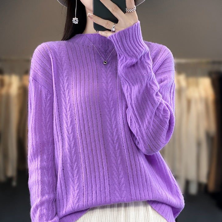 Women Cashmere-like Fine Knit Mock Neck Sweater with Lace Cable Pattern and Casual Oversized Fit Mune Fashion