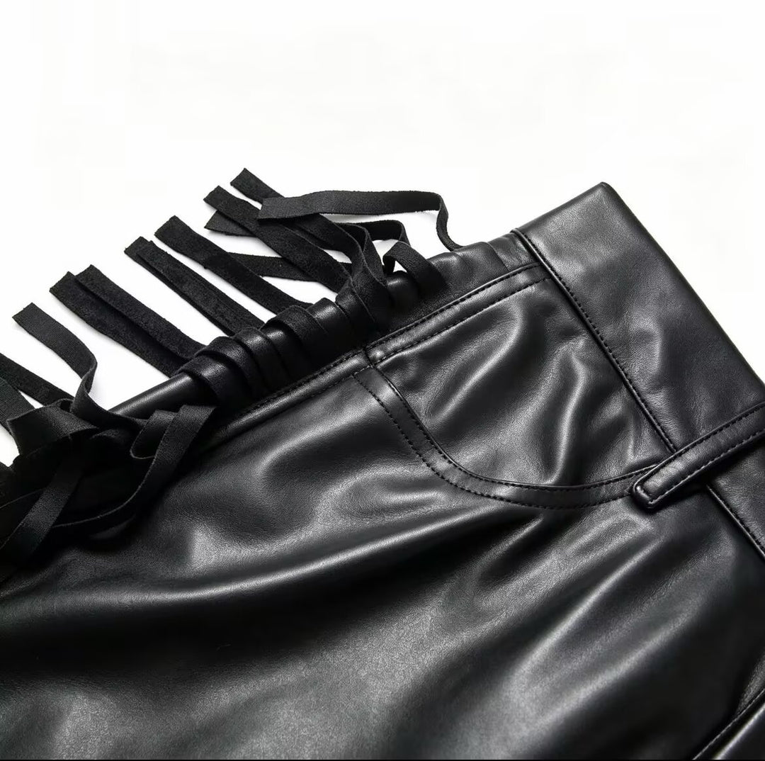 Women's Wide Faux Leather Culotte with Side Fringes Mune Fashion