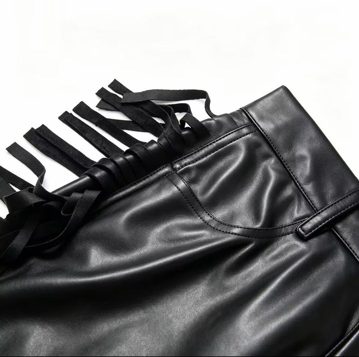 Women's Wide Faux Leather Culotte with Side Fringes Mune Fashion