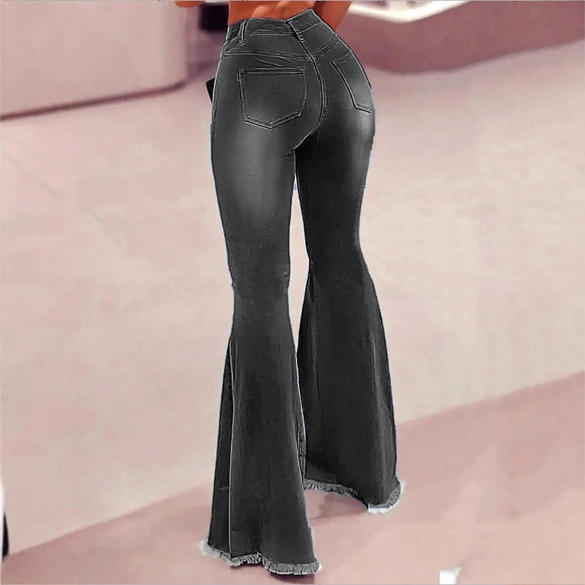 Women's High-Waisted Flared Jeans with Knee Rips, Frayed Hem and Flared Leg Mune Fashion