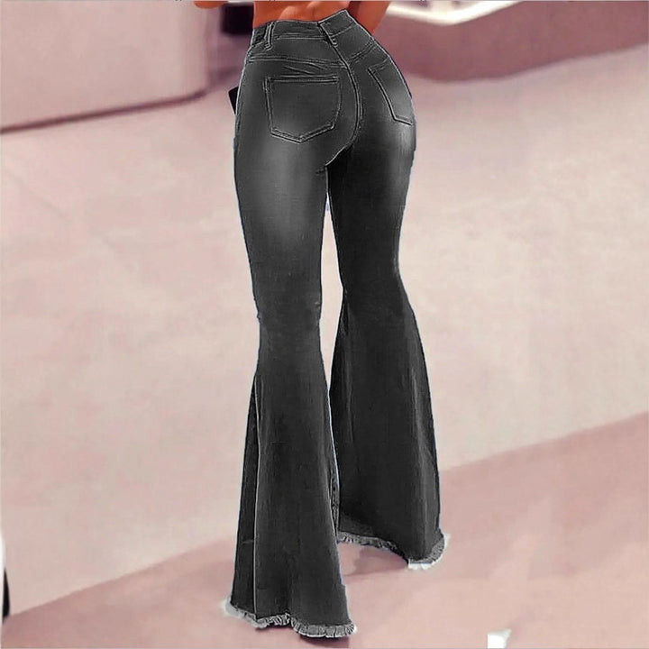 Women's High-Waisted Flared Jeans with Knee Rips, Frayed Hem and Flared Leg Mune Fashion