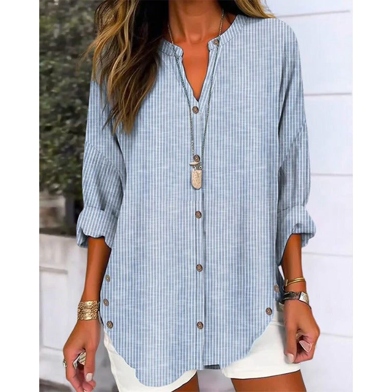 Ladies Oversize Linen Look Tunic Blouse with Stand Collar and Button Placket Mune Fashion