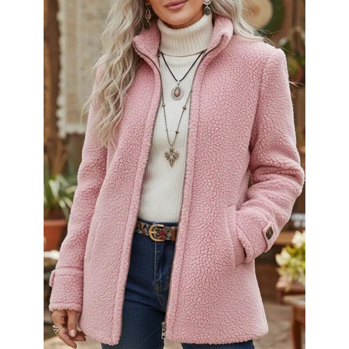 Women Cozy Teddy Cardigan Coat with Stand-Up Collar, Hidden Zipper and Decorative Button Cuffs Mune Fashion
