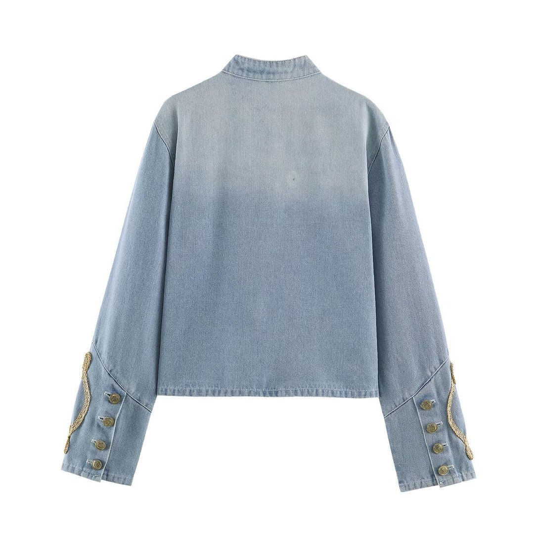 Ladies short-cut denim jacket in military style with decorative cord appliqués Mune Fashion