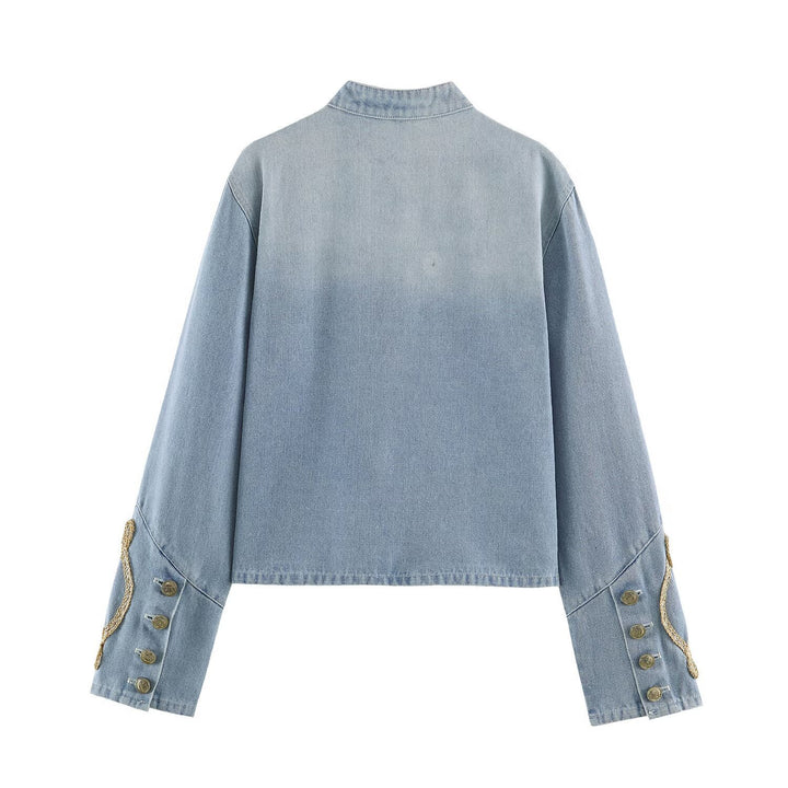 Ladies short-cut denim jacket in military style with decorative cord appliqués Mune Fashion