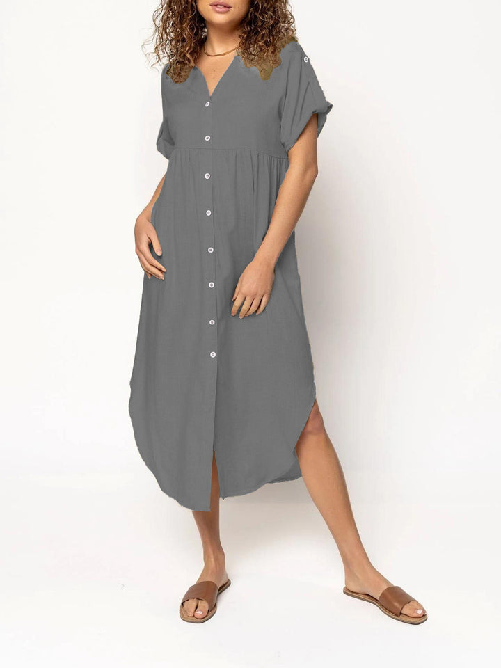 Ladies mid dress with button placket, V-neck and casual babydoll fit Mune Fashion