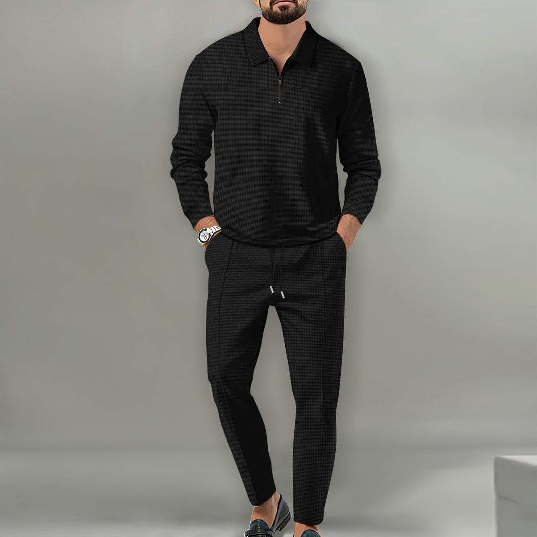 Men's Long Sleeve Henley Polo Shirt with Half Zip and Tapered Jogging Pants Mune Fashion