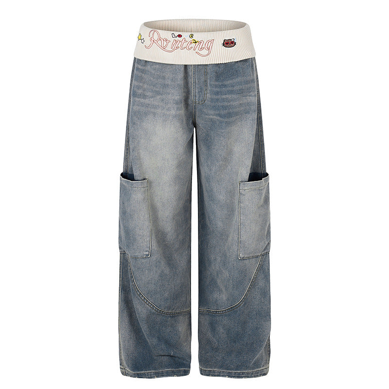 Women's Wide Denim Palazzo Cargo Pants with Comfort Ribbed Waistband and Patch Pockets Mune Fashion