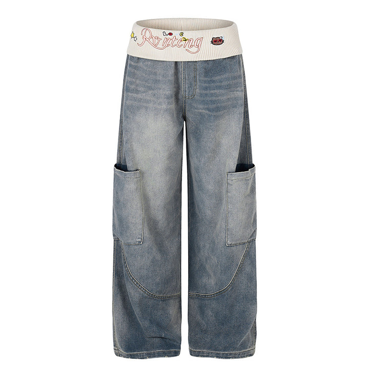 Women's Wide Denim Palazzo Cargo Pants with Comfort Ribbed Waistband and Patch Pockets Mune Fashion