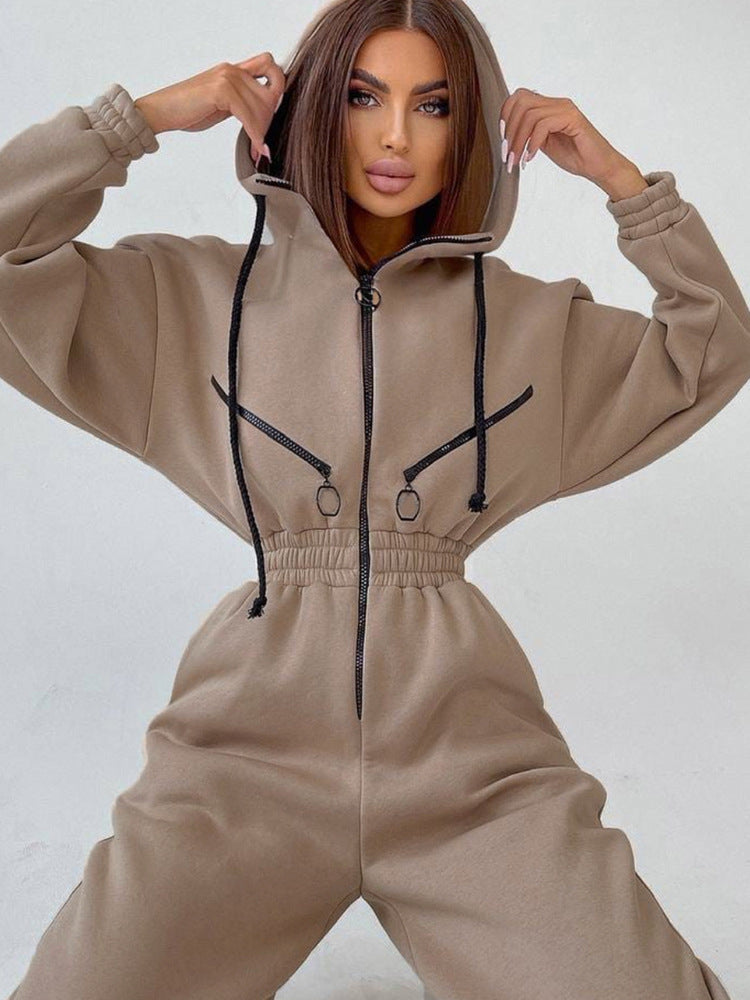 Ladies Tailored Hooded Sweat Jumpsuit with Zipper and Elastic Waistband Mune Fashion