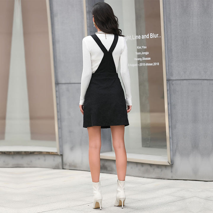 Women's overall dress with continuous button placket, adjustable straps, and A-line silhouette Mune Fashion