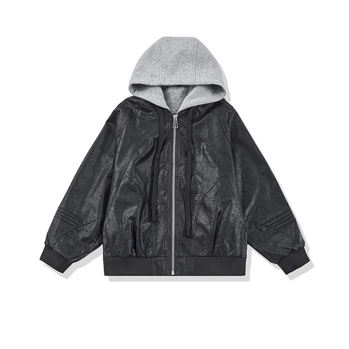 Unisex Wide Cut Faux Leather Bomber Jacket with Contrast Hood and Ribbed Cuffs Mune Fashion