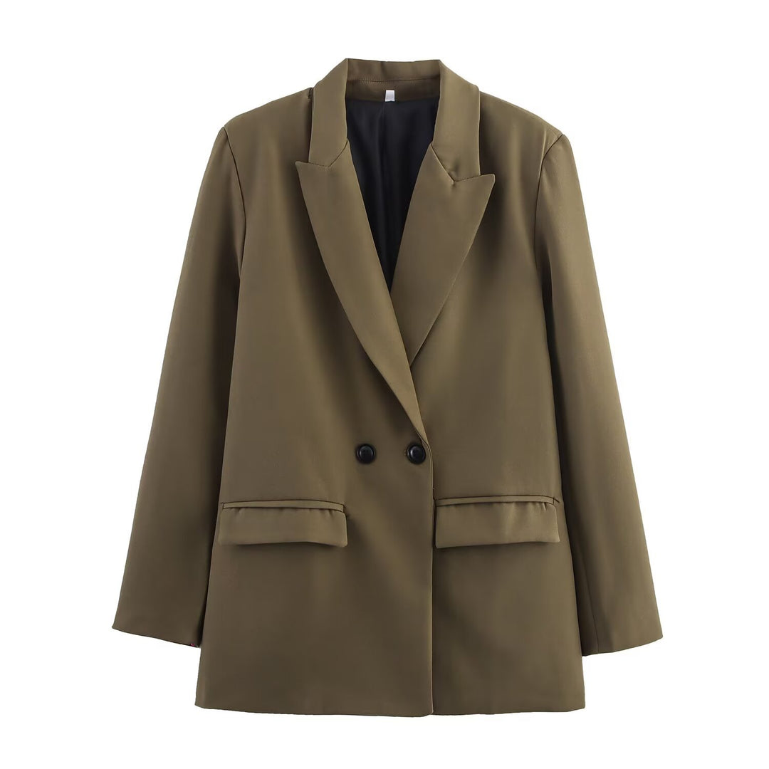 Women's Double-Breasted Blazer with Lapel Collar, Longer Oversized Cut and Flap Pockets Mune Fashion